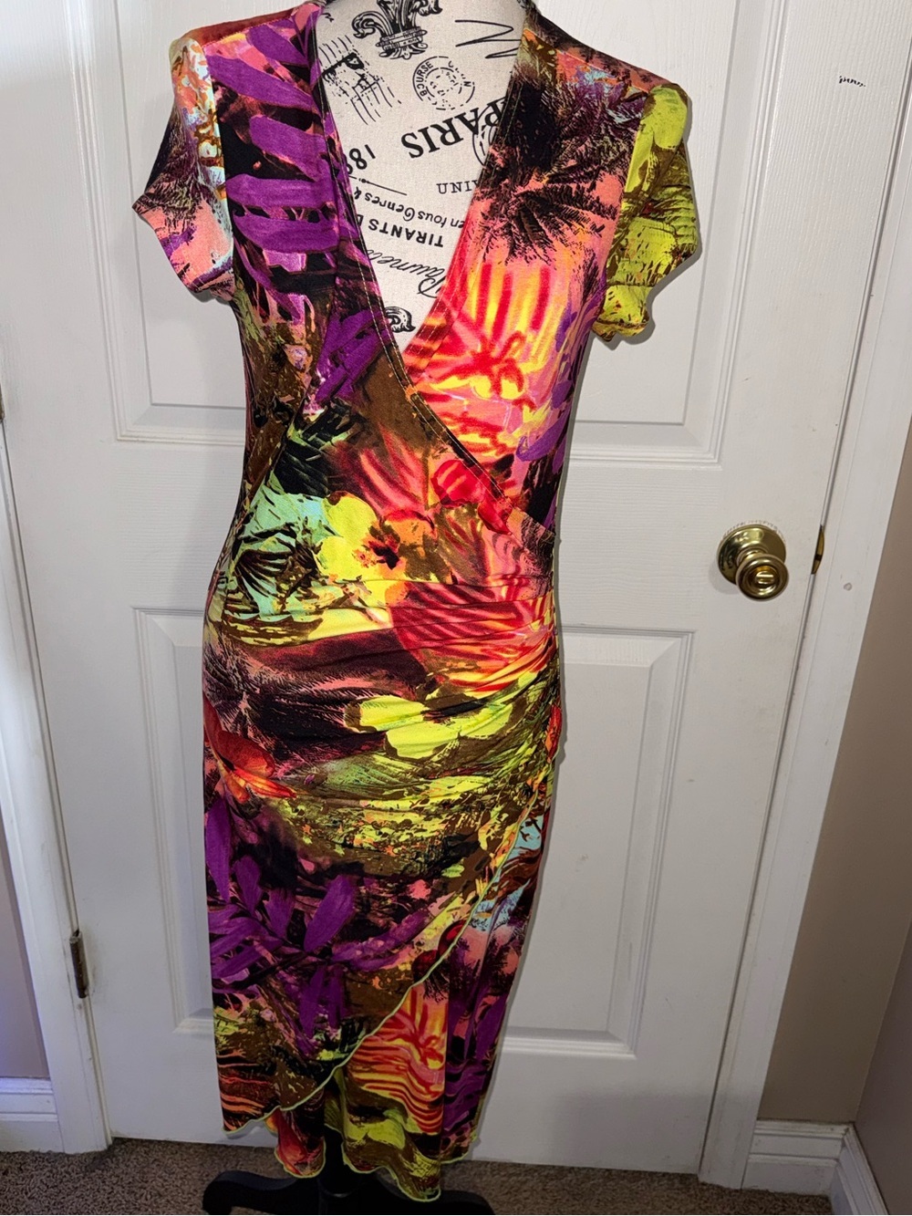 Joseph Ribkoff Tropical Floral Faux Wrap Midi Dress M Ruched Career Cocktail - Picture 4 of 14